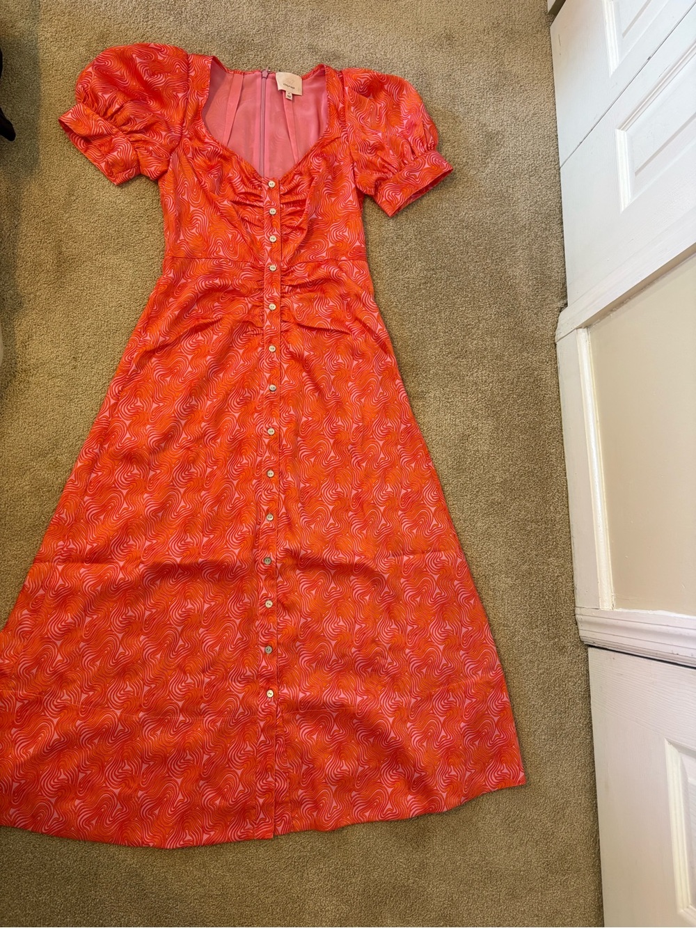cinq a sept Coral-Pink Button-Front Puff Sleeve Maxi Dress